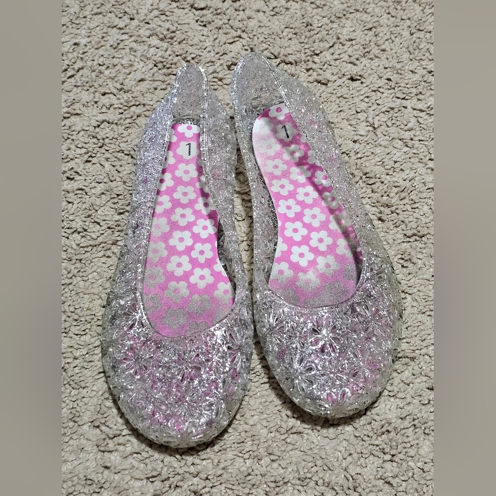Girls Slip On Shoes / Slippers - Size 1 - Silver Sparkle with Floral Design